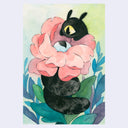 Watercolor painting of a black, furry one eyed caterpillar wrapped around a blooming pink flower. The center of the flower also has an eye. Leaves surround the flower.