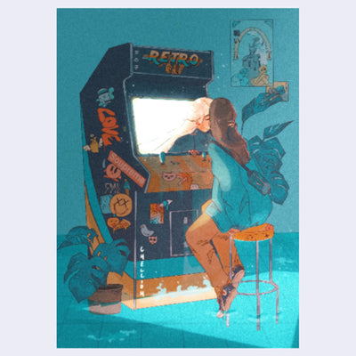 Print of a girl sitting on a stool in front of an arcade machine. Another girl emerges from the screen and kisses her.