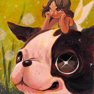 Painting of a Boston Terrier, smiling contently with a sparkle in its eyes. A small fairy rests atop its head, looking off and blowing dandelions that fly by.