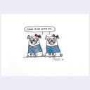 Illustration of 2 pugs, wearing a blue shirt and red hair bows. They hold a ball in their mouth and share a speech bubble that says "come play with us"
