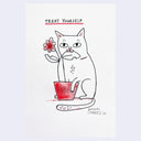 Black line art illustration on white paper of a white cartoon cat sitting around a red potted flower. The cat nibbles on the leaves and text above reads "treat yourself".