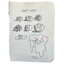 Drawing of 8 faces, a woman with glasses and her hair in a ponytail, they all are positioned like they are lying on the ground and they gradually morph into a melted pile. Text reads "can't sleep"