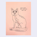 Cartoon cat illustration with text on a pink background