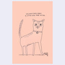 Cartoon cat illustration with humorous text on a peach background