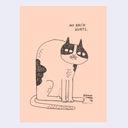 Illustration of a cat with a sad expression and text 'My back hurts' on a peach background.