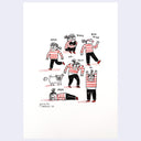 Illustration in red, white and black of a character wearing a red and white striped shirt, she appears 6 different times in various poses of distress or tire. 