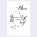 Black ink illustration on white paper of a cartoon white cat, stuffed into a glass bowl. Its butt and tail stick out and above is text that reads "No Regrets" with the "no" crossed out to say "some"