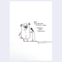 Ink illustration on white paper of a cartoon style pug, doing stand up comedy in front of a mic and telling a joke.