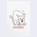 Black ink line art drawing on white paper of a white cat sticking its head into a glass to lap up a light red liquid. Text below it reads "stay hydrated"