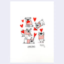 Illustration in black, white and red of pugs in various poses with hearts and the text 'Love Pugs' on the bottom.
