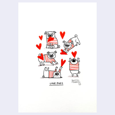 Illustration in black, white and red of pugs in various poses with hearts and the text 'Love Pugs' on the bottom.