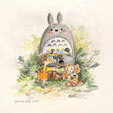 Watercolor painting of a smiling Totoro, whose body is like a capsule machine. 2 little girls receive colorful capsules from the machine and dance around.