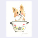 Watercolor illustration of a corgi puppy sitting inside of a rice cooker, with a floral patterning on the side. It holds the rice paddle in its mouth.