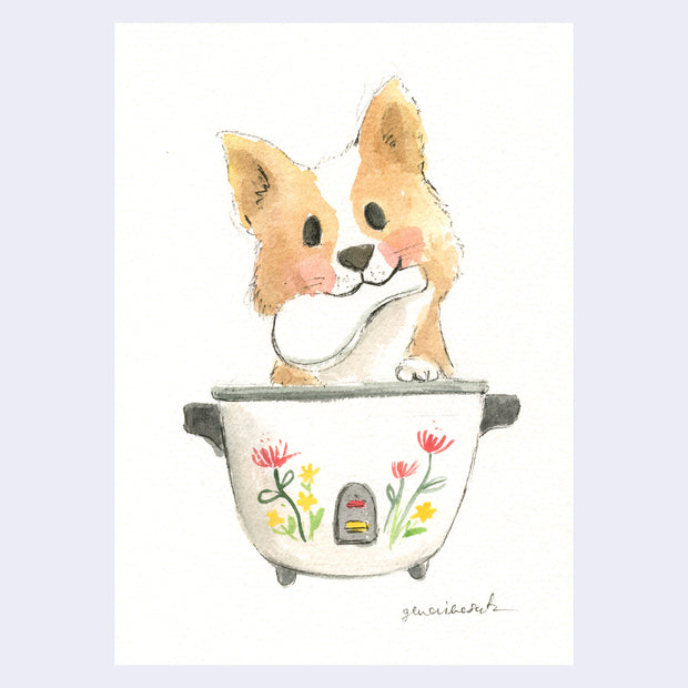 Watercolor illustration of a corgi puppy sitting inside of a rice cooker, with a floral patterning on the side. It holds the rice paddle in its mouth.