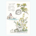 Illustration of a garden scene with a small stone structure, trees, and a character sitting on a rock.