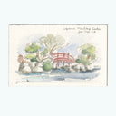 Artistic depiction of a garden scene with a red bridge, trees, and rocks on a white background.