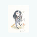 Illustration of a person with long hair holding a cat, surrounded by flowers on a light background.