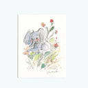 Illustration of a small elephant among flowers on a white background