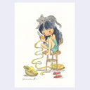 Watercolor illustration of a girl sitting on a tall stool, curled up and peeling a mango with a gray cat sitting atop her head.