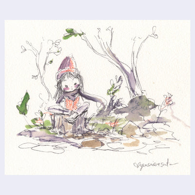 Loose in style illustration of a girl sitting on a tree stump and reading a book , in a forest type location.