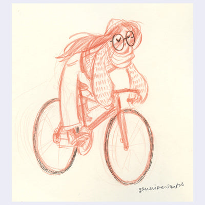 Red colored pencil illustration of a girl on a bike, she wears a sweater, beanie and glasses and her long hair flows behind her.