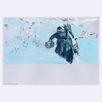 Illustration on toned paper of a woman walking up a snowy hill, holding a basket and with many sticks tied to her back.