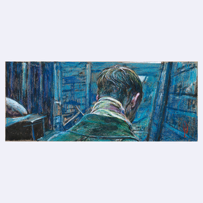 Painting based on a film still from All Quiet on the Western Front, a man faces away from the viewer and we see the back of his neck and head. 