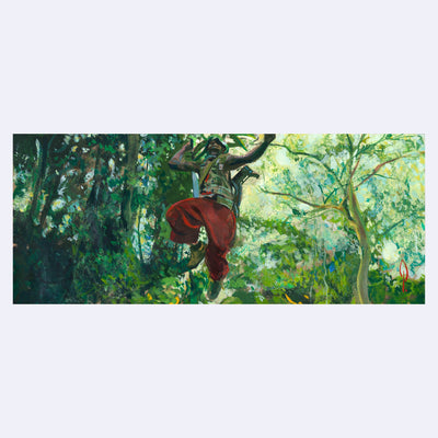 Painting based on a film still from Beasts of No Nation of a person jumping down on the viewer in the middle of a lush forest, they are dressed in outdoor militia wear and yields a machete.