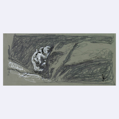 Scribble style illustration of an abstract form in black ink, white ink, gray pencil on toned paper.
