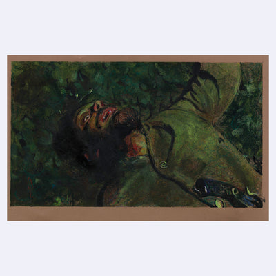 Illustration on brown tanned paper of a man on the ground outside, looking scared and bleeding from his mouth.