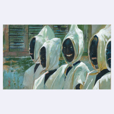 Painting based off of a film still of 5 women with dark toned skin wearing white robes with hoods, the main woman looks to her side and smiles.