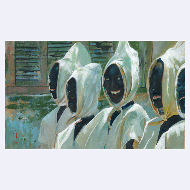 Painting based off of a film still of 5 women with dark toned skin wearing white robes with hoods, the main woman looks to her side and smiles.
