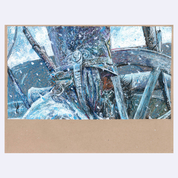 Painting based on a film still from The Duelists of a man in an armored helmet in a snowy setting, seen from the side with most of his head covered aside from a small sliver of his face and beard.