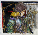 Illustration of a man wearing a metal helmet and metal armour, looking down with soldiers behind.