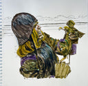 Illustration of a distressed blonde man in a metal helmet, holding a small creature, perhaps a mummified cat.