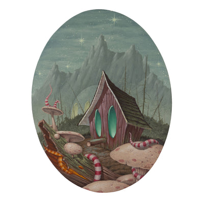 Painting on oval shaped panel of a birdhouse with large green glowing eyes. It sits at the base of a mountain with mushrooms and striped worms.