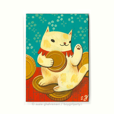 Painting of a chubby cream colored cat with spots holding a gold coin and standing atop of more coins. It has a red collar around its neck and is in a blue room with red floors.