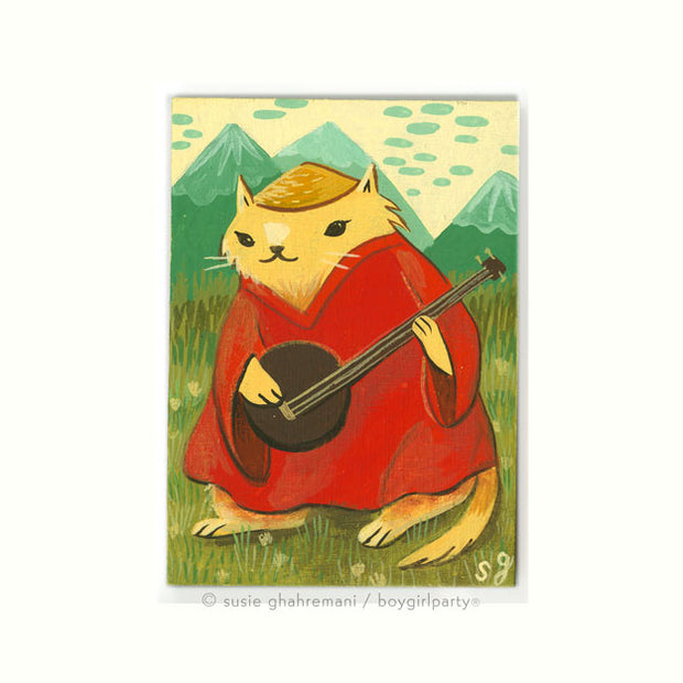 Painting of a chubby yellow cartoon cat in a red muumuu and straw hat, playing a 3 stringed instrument. It stands in an open field in front of tall green mountains.