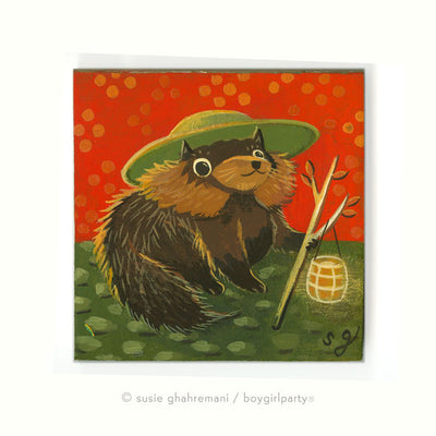 Painting of a chubby tanuki, a raccoon like creature, wearing a large brimmed green hat and holding a branch with a paper lantern on the end. It sits in a green stone path with a red background.