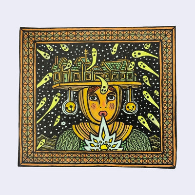 Illustration made with many lines, giving it the feel of a folk art woodcut on a rectangular wood panel of a person wearing a headpiece of a haunted house, with many ghosts coming out of it. 