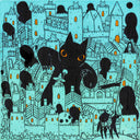 Black line art painting on teal blue background of a city with many castles and walls. Within the walls is a very large black cat humanoid, with black blobs rising up from various spots.