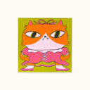 Painting on panel of a orange and white cartoon cat, with a large head, exaggerated in size and dressed like a little girl in a pink dress with white bows and frills. The cat stands in a wide stance on 2 legs like a human, with her hands on her hips and a determined expression.