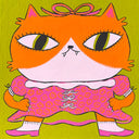 Painting on panel of a orange and white cartoon cat, with a large head, exaggerated in size and dressed like a little girl in a pink dress with white bows and frills. The cat stands in a wide stance on 2 legs like a human, with her hands on her hips and a determined expression.
