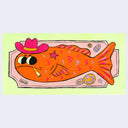 Brightly colored painting of a cartoon goldfish, mounted to a plaque and wearing a pink cowboy hat. It smokes a cigarette with a frown. Background is fluorescent yellow.