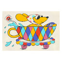 Illustration of a yellow cartoon dog sitting inside of a colorful diamond patterned tea cup, with water spilling out the back, driving it like a car. Its saucer has small pink wheels.