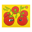 Solid color illustration with stark black outlines of a tomato vine, with 5 fully grown red tomatoes and one small orange one. The 2 tomatoes in front have cute cartoon faces and look at one another. There is a small green caterpillar on one of them.