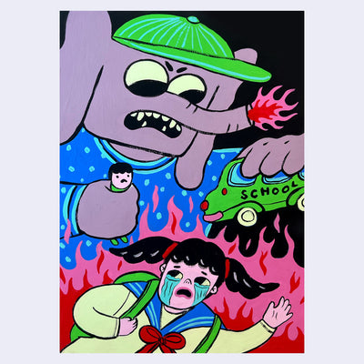 Painting of an angry cartoon elephant, wearing a green cap and terrorizing a school bus. Pink flams come out of its trunk and a school girl flees while crying.
