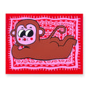 Painting of a cute cartoon monkey, laying belly side down on a red and pink patterned rug that fills the entire background of the artwork. he monkey has a kissy mouth expression and looks back over its shoulder.