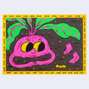 Painting on wood panel of a pink turnip with a cartoon face popping out of the dirt ground. Border around the piece is yellow with ants crawling.