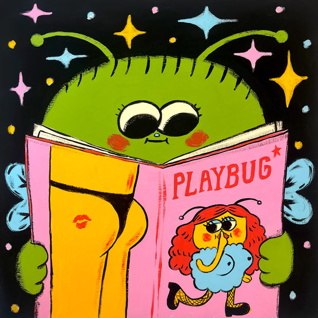 Illustration of a cartoon green alien bug reading a 'Playbug' magazine with colorful stars in the background.